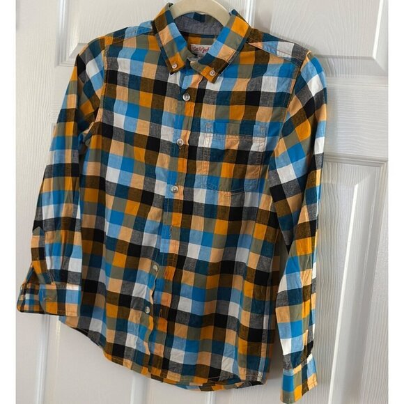 Cat & Jack Blue and Orange Plaid check button down shirt size m 8/10 - Picture 1 of 5